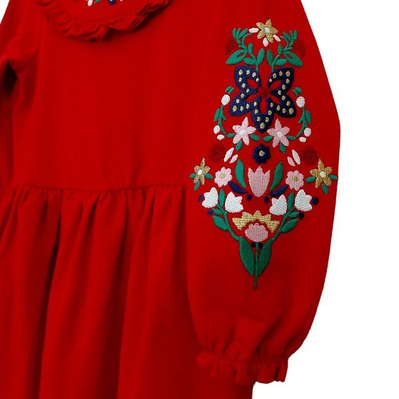 Mini Boden Dress Girls 4-5Y Red Embroidered Floral Pleated Ruffles Cotton Blend - Picture 5 of 11